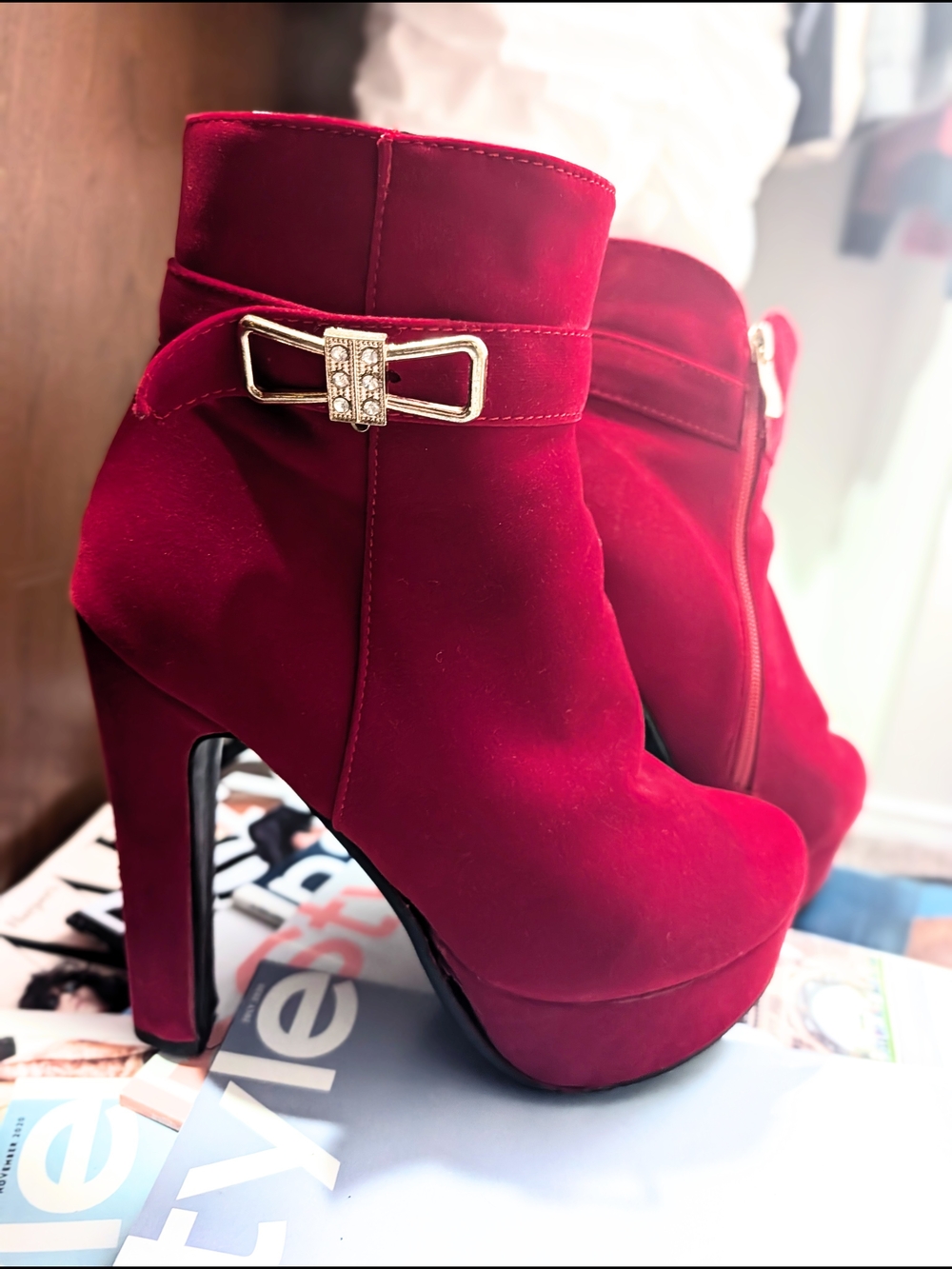 Women's Ruby Red Suede Platform Ankle Boots with Decorative Bow Accent